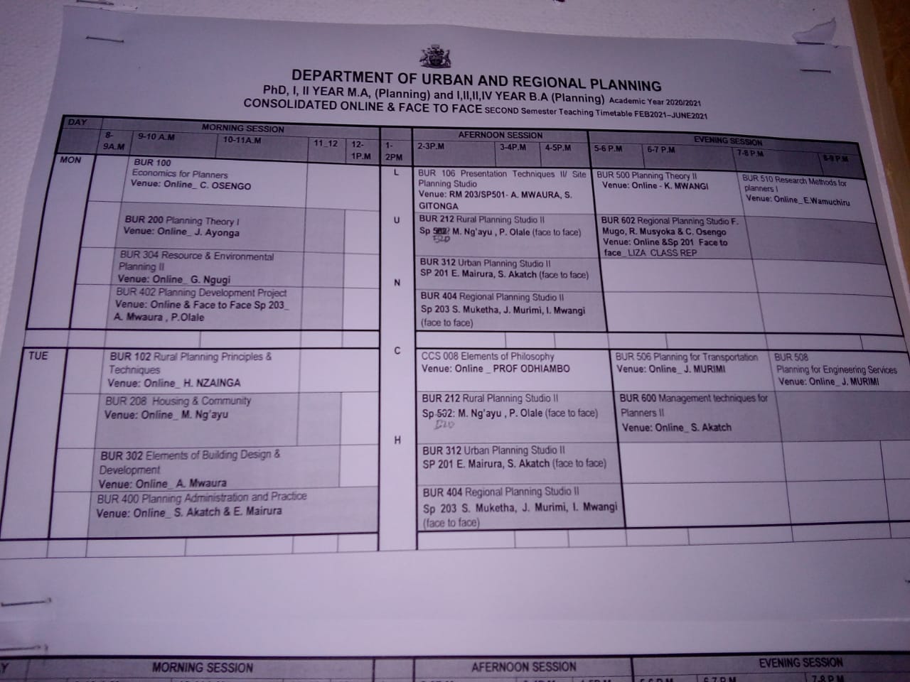 Durp teaching time table